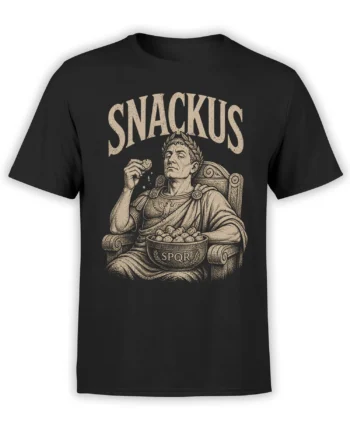Roman emperor snack graphic with SNACKIUS lettering and SPQR bowl on a black T-shirt