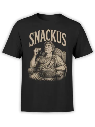Roman emperor snack graphic with SNACKIUS lettering and SPQR bowl on a black T-shirt
