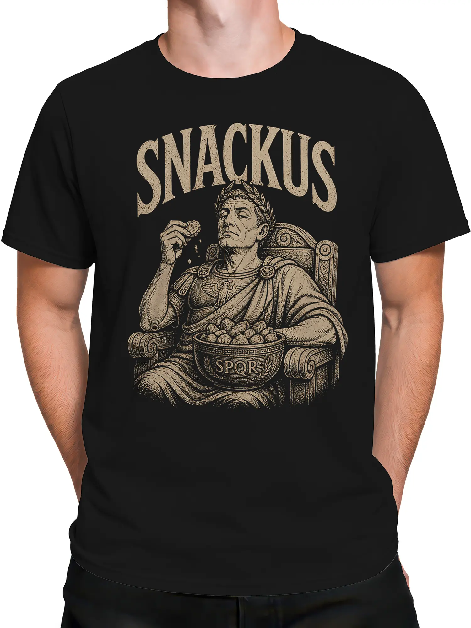 Male torso wearing a black Snackius Roman T-shirt with an emperor, throne, and SPQR snack bowl
