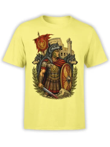 Roman warrior with three wolves, shield, sword, and red banner on a yellow T-shirt