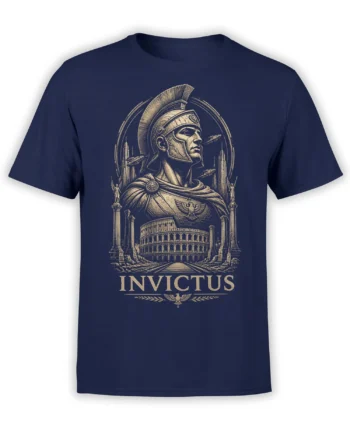 Invictus Roman warrior design with Colosseum, eagle emblem, and bold lettering on a navy T-shirt