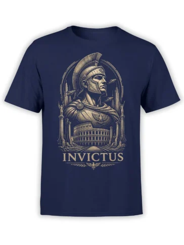 Invictus Roman warrior design with Colosseum, eagle emblem, and bold lettering on a navy T-shirt