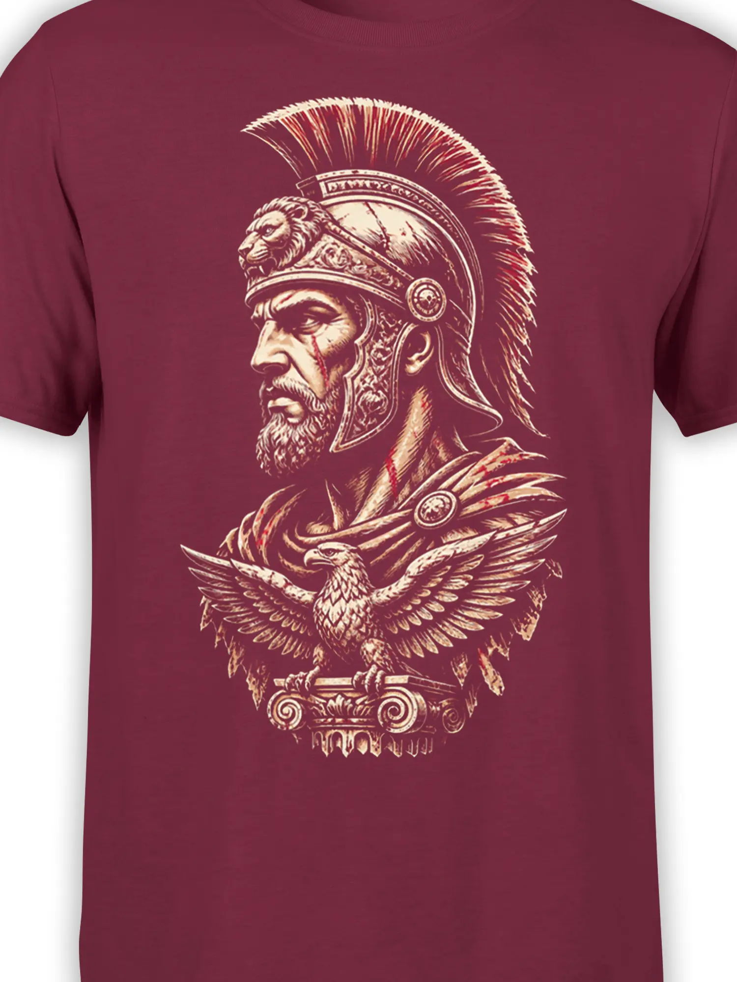 Close-up of Roman-inspired warrior helmet and eagle artwork on maroon T-shirt