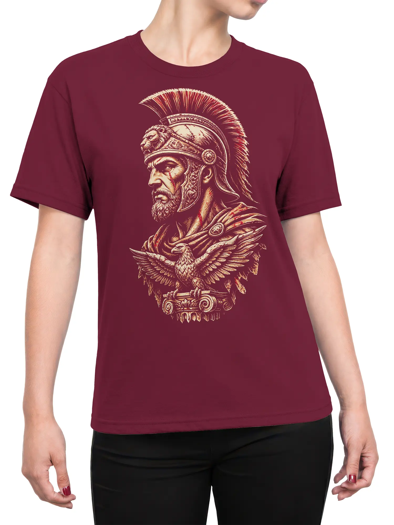Female torso wearing a maroon T-shirt with Roman warrior and eagle artwork