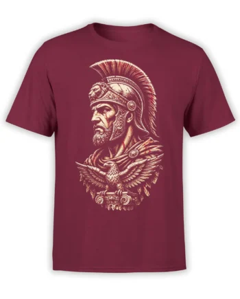 Roman-inspired warrior portrait with a spread-wing eagle printed on a maroon T-shirt