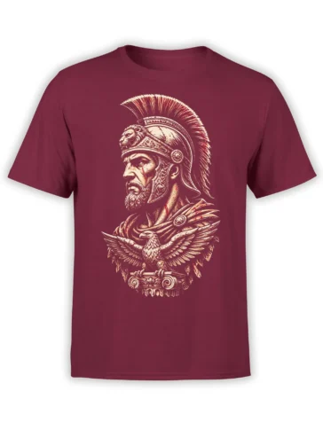 Roman-inspired warrior portrait with a spread-wing eagle printed on a maroon T-shirt