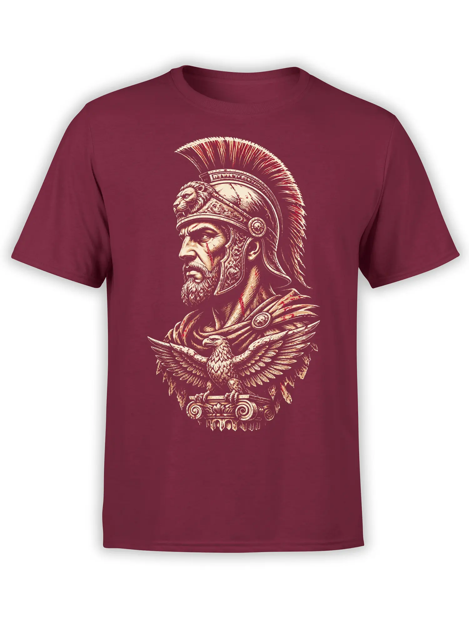 Roman-inspired warrior portrait with a spread-wing eagle printed on a maroon T-shirt
