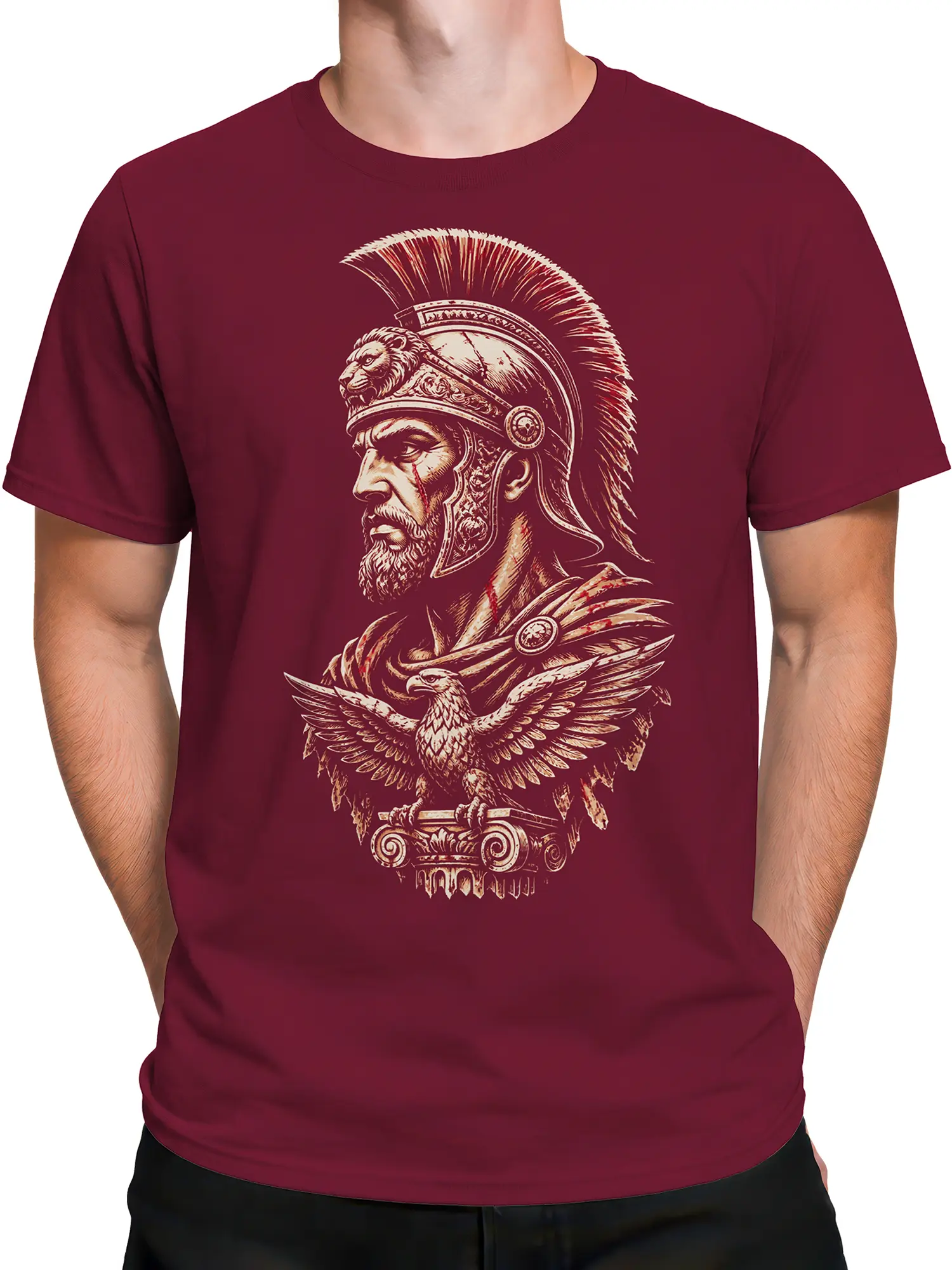 Male torso wearing a maroon T-shirt with Roman warrior and eagle graphic