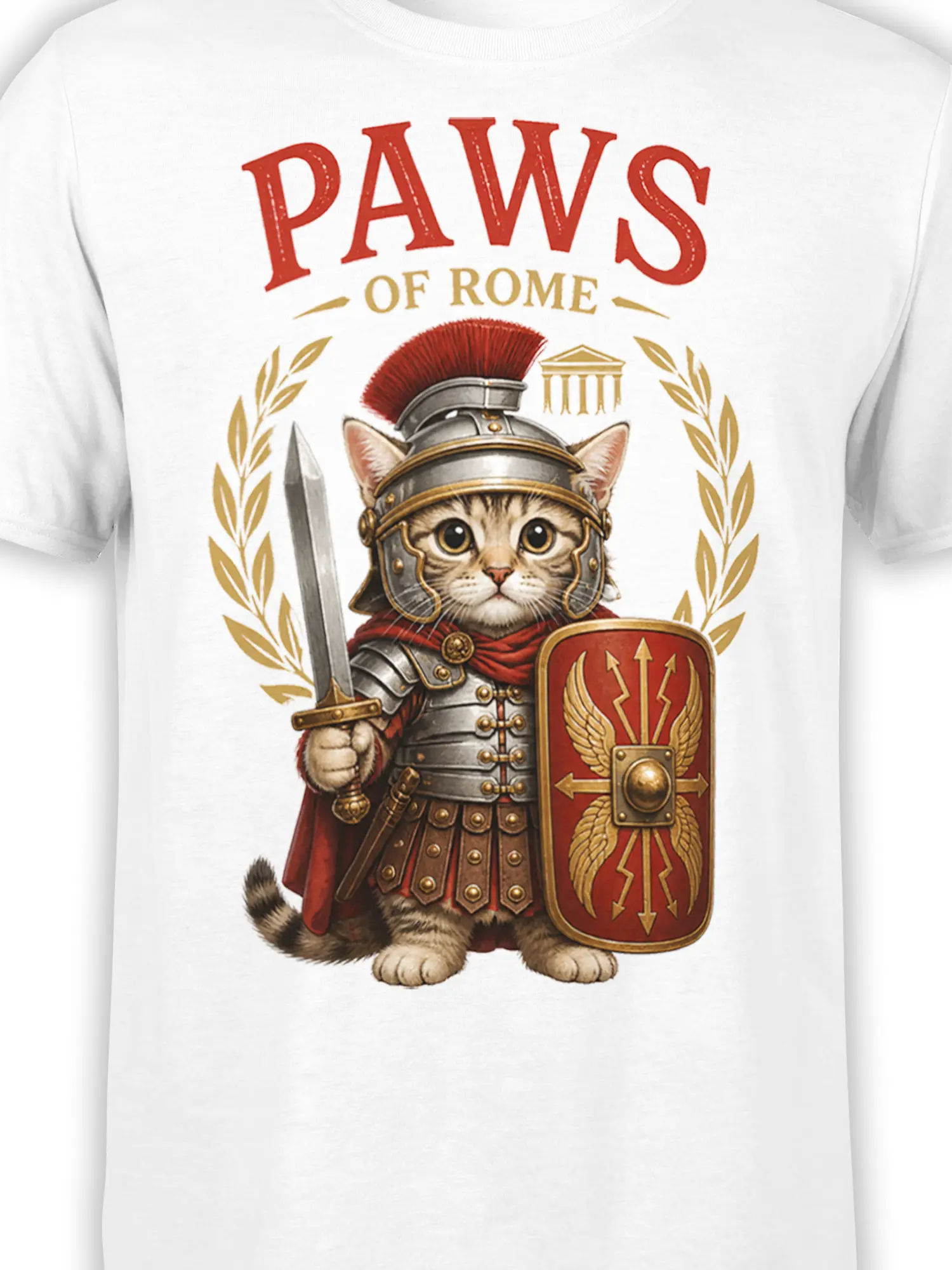 Close-up of Roman warrior cat artwork on a white shirt with armor, sword, red crest, shield, and Paws of Rome text