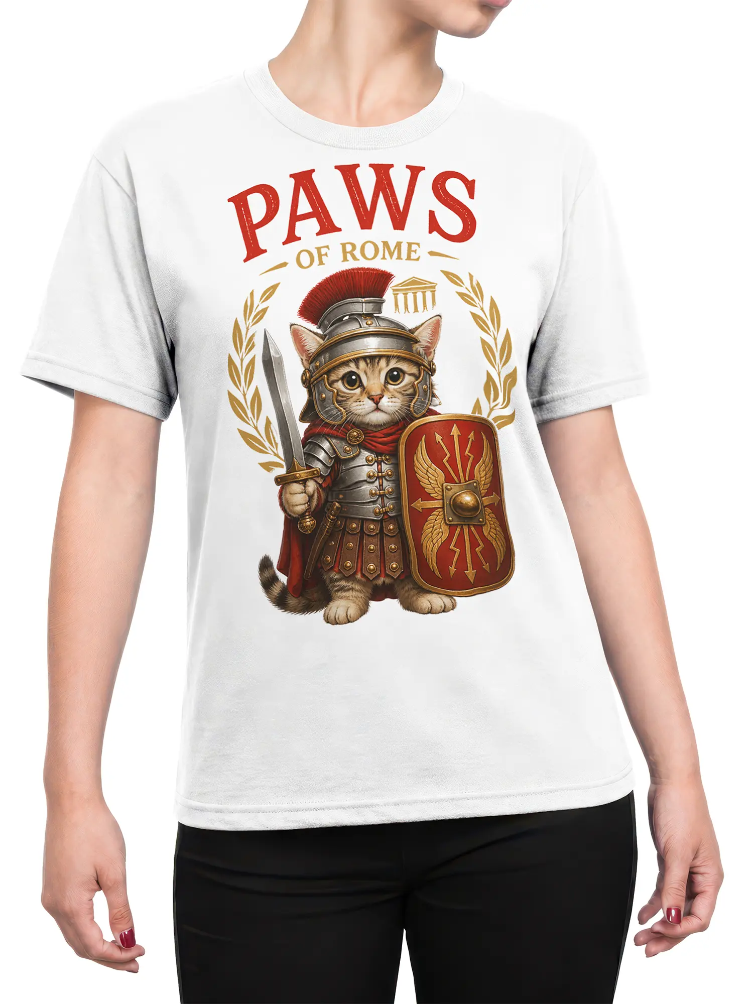 Female torso wearing a white Paws of Rome T-shirt with an armored Roman warrior cat, sword, shield, and laurel wreath