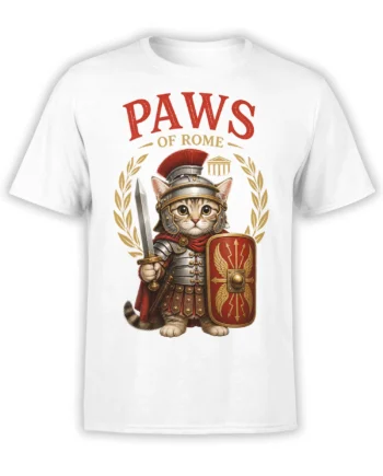 White T-shirt featuring a Roman warrior cat with sword, shield, red crest, laurel wreath, and Paws of Rome text