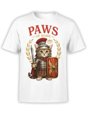 White T-shirt featuring a Roman warrior cat with sword, shield, red crest, laurel wreath, and Paws of Rome text