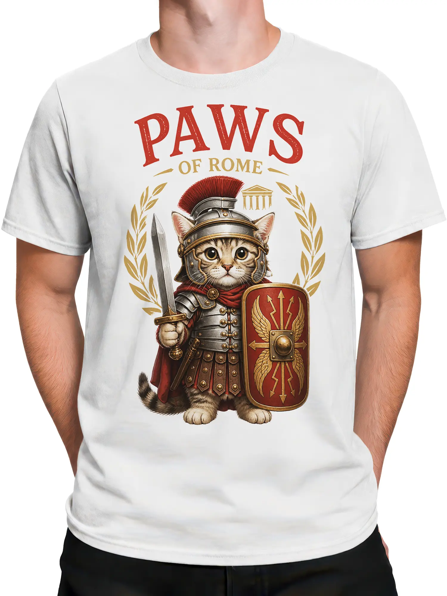Male torso wearing a white Roman warrior cat T-shirt with sword, shield, laurel wreath, and Paws of Rome artwork