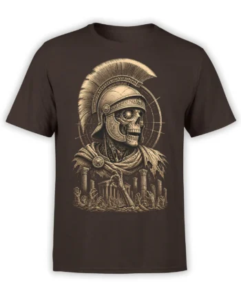 Roman skull warrior wearing a plumed helmet above ruined columns on a dark brown graphic T-shirt