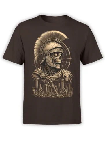Roman skull warrior wearing a plumed helmet above ruined columns on a dark brown graphic T-shirt