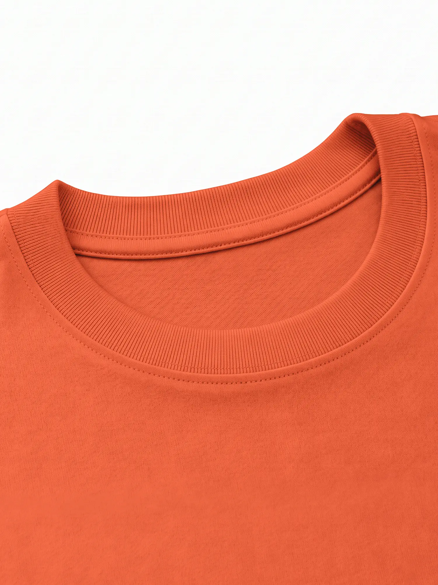 Orange T-shirt collar and soft cotton fabric shown in a close-up product view