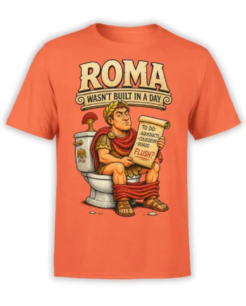 Orange T-shirt with a Roman soldier on a toilet, a “TO DO” scroll, and “ROMA WASN’T BUILT IN A DAY” text