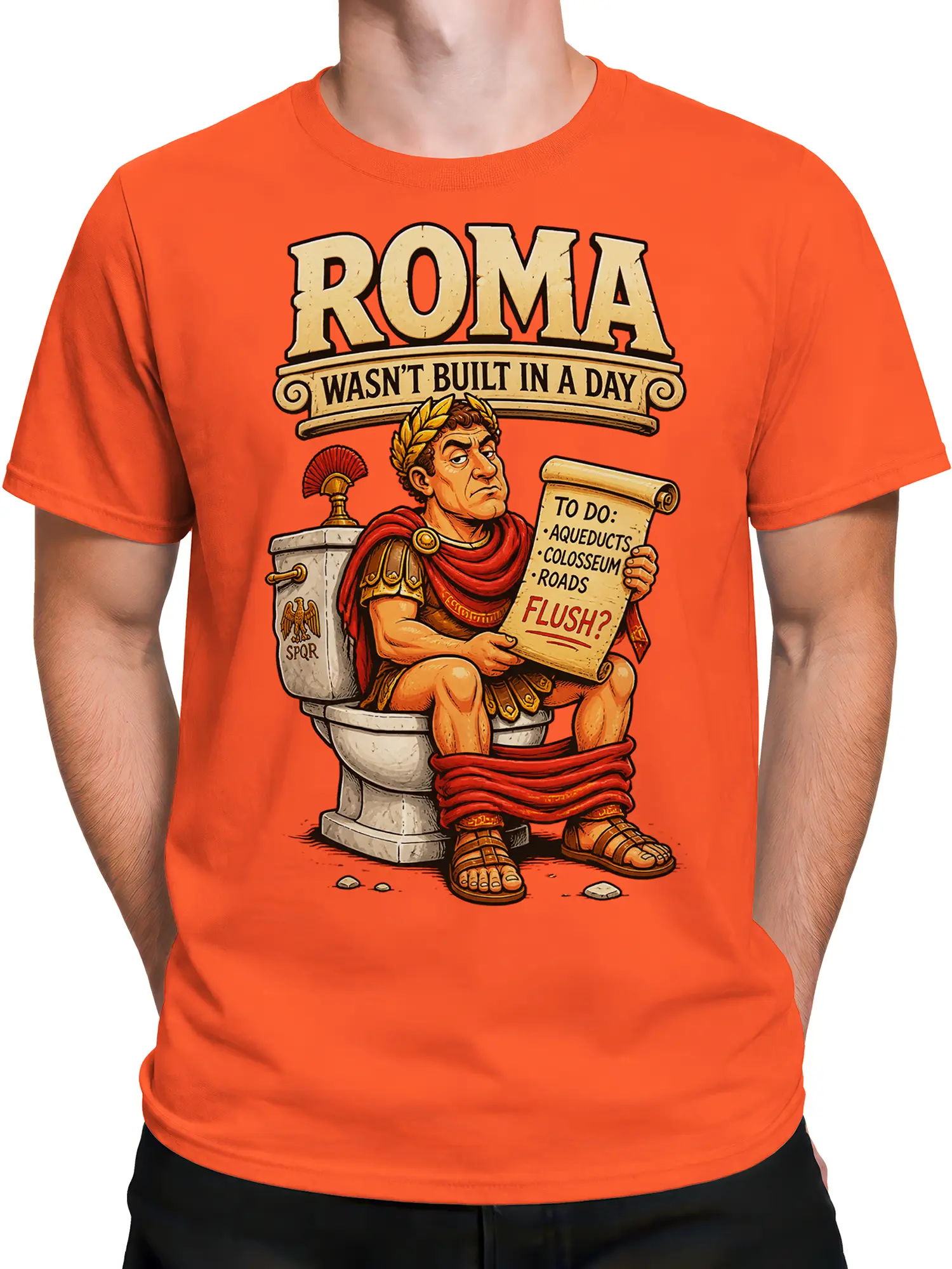 Male torso wearing an orange Roman warrior T-shirt with a soldier, scroll, and “ROMA” graphic