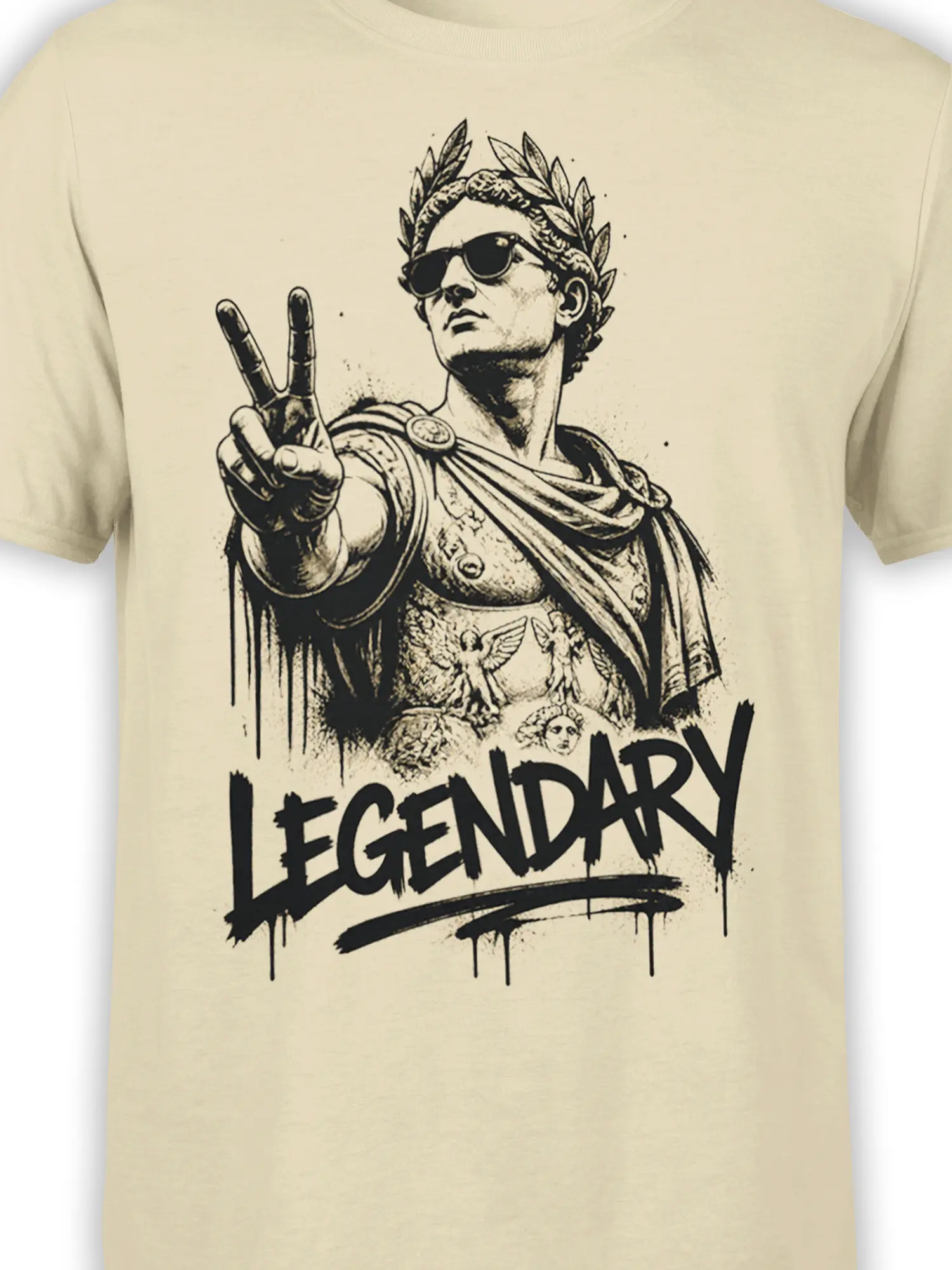 Close-up of Roman warrior artwork with laurel wreath, sunglasses, peace sign, and LEGENDARY text on beige fabric