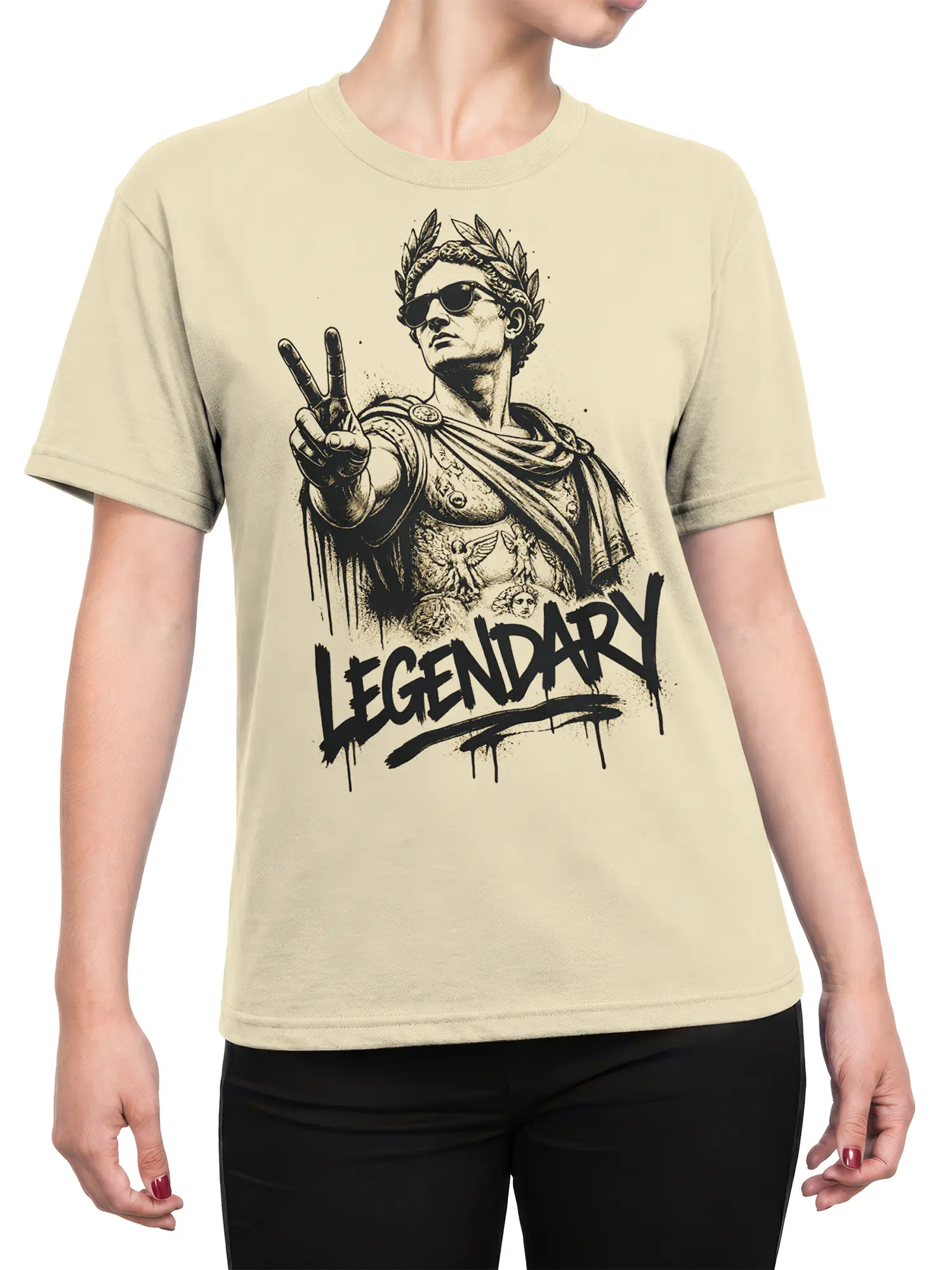 Female torso wearing a beige Roman warrior T-shirt with laurel crown, sunglasses, peace sign, and LEGENDARY design