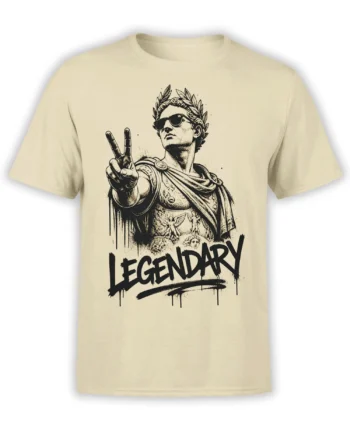 Beige T-shirt with a laurel-crowned Roman warrior in sunglasses and bold distressed LEGENDARY lettering