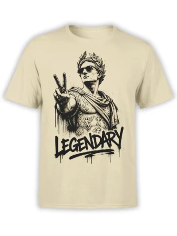 Beige T-shirt with a laurel-crowned Roman warrior in sunglasses and bold distressed LEGENDARY lettering