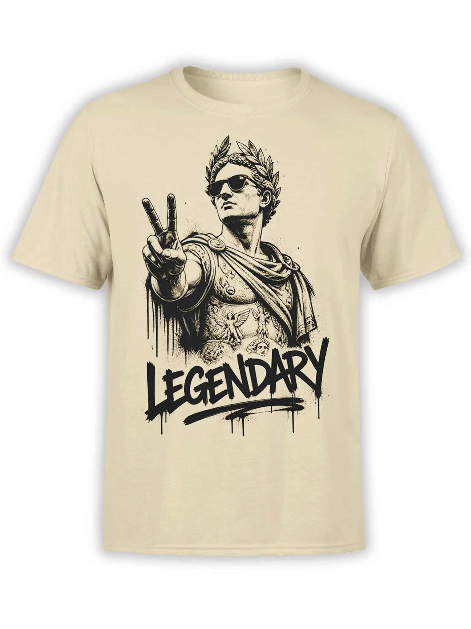 Beige T-shirt with a laurel-crowned Roman warrior in sunglasses and bold distressed LEGENDARY lettering