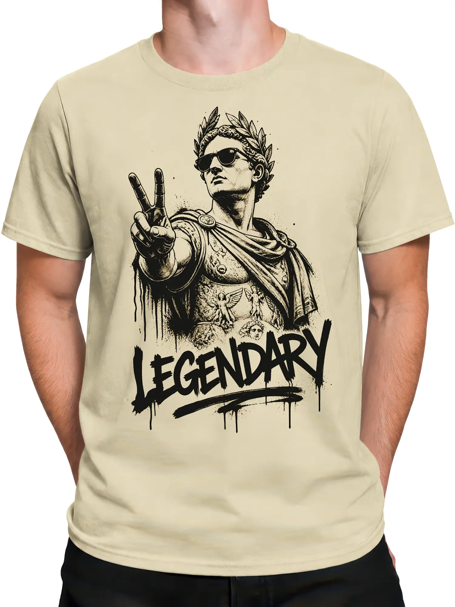 Male torso wearing a beige Roman warrior graphic tee with laurel wreath, sunglasses, peace sign, and LEGENDARY lettering