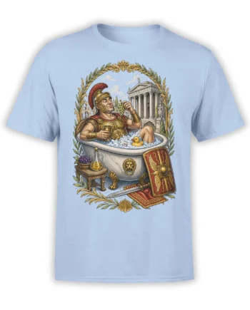 Light blue T-shirt with a Roman warrior relaxing in a marble bath beside a tiny yellow duck