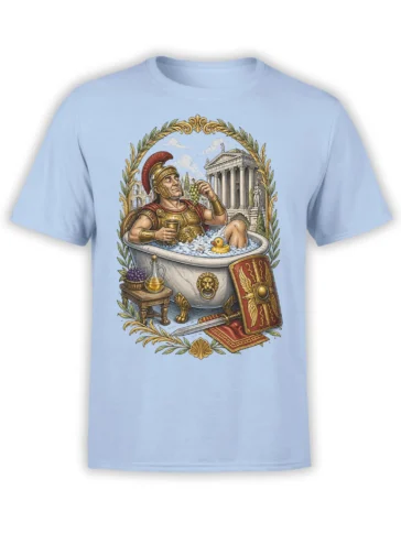 Light blue T-shirt with a Roman warrior relaxing in a marble bath beside a tiny yellow duck