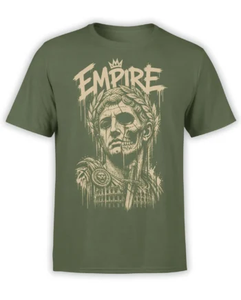 Olive green T-shirt with a crowned half-skull Roman figure, laurel wreath, sword, shield, Colosseum, and EMPIRE text