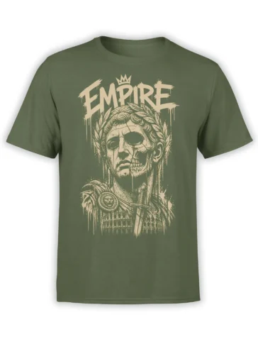 Olive green T-shirt with a crowned half-skull Roman figure, laurel wreath, sword, shield, Colosseum, and EMPIRE text