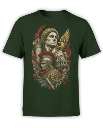 Ancient Rome graphic with a laurel-crowned leader, Roman soldier, eagle, columns, and sword on a green T-shirt