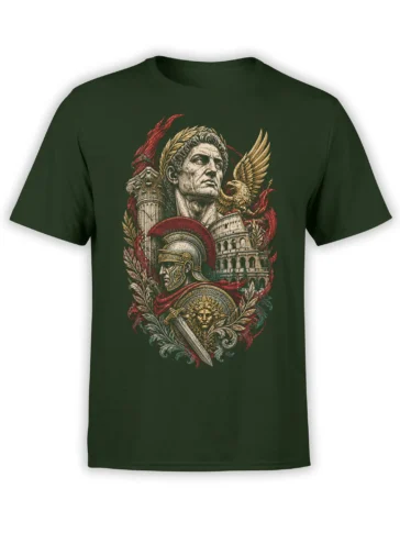 Ancient Rome graphic with a laurel-crowned leader, Roman soldier, eagle, columns, and sword on a green T-shirt
