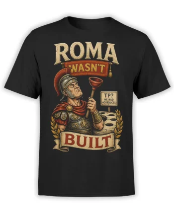 Black T-shirt with vintage Roman warrior, aqueduct, laurel branches, and “Roma Wasn’t Built” lettering