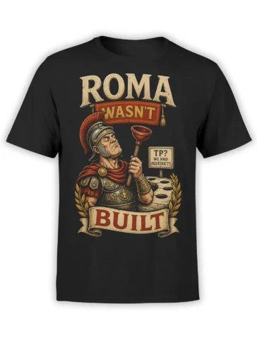 Black T-shirt with vintage Roman warrior, aqueduct, laurel branches, and “Roma Wasn’t Built” lettering