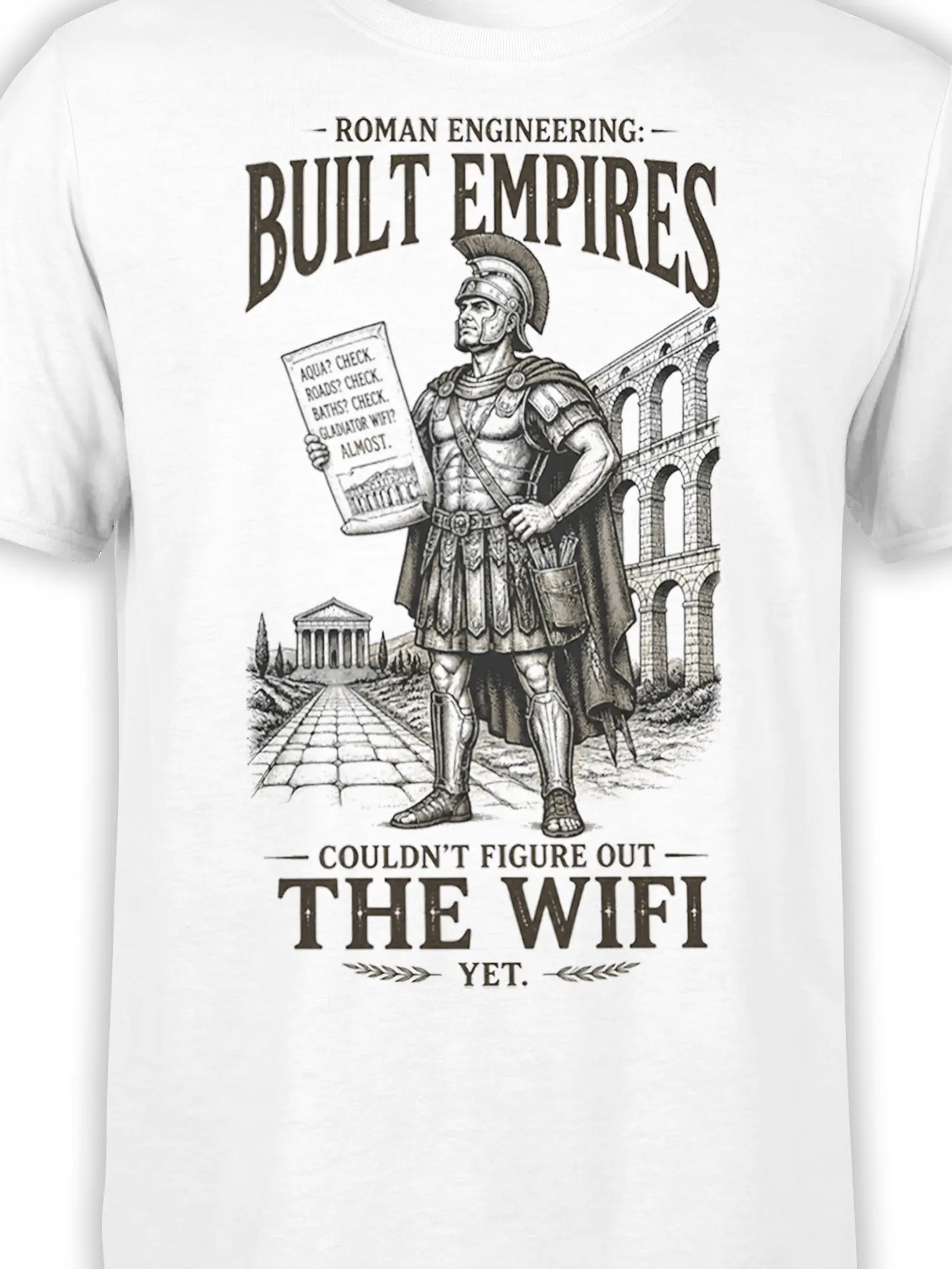 Close-up of Roman warrior and aqueduct artwork on a white historical engineering T-shirt