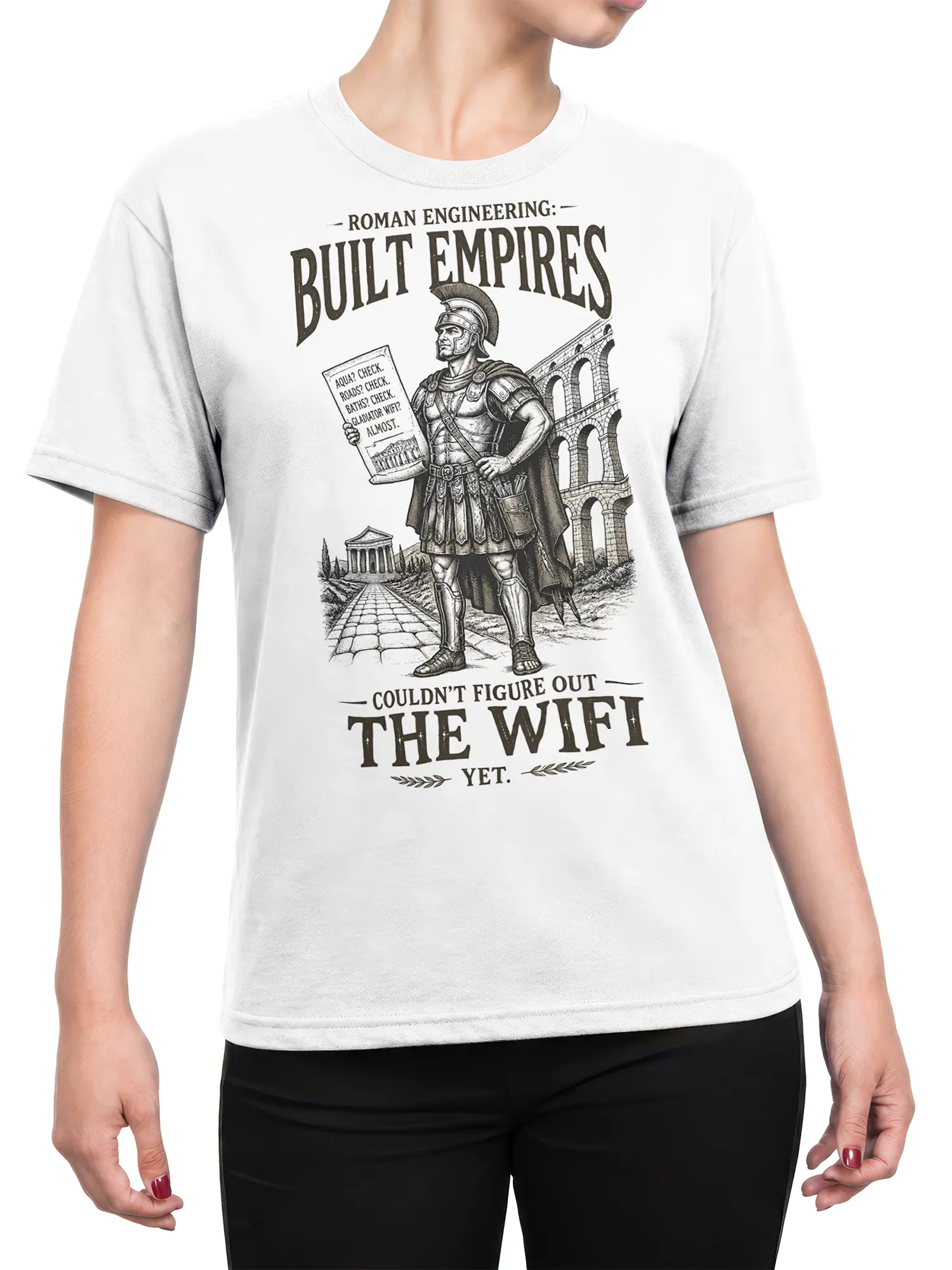 Female torso wearing a white Roman engineering T-shirt with warrior and aqueduct artwork