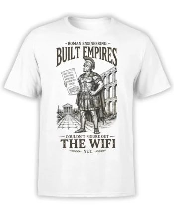White T-shirt with a Roman warrior, aqueduct, and vintage WiFi engineering joke design