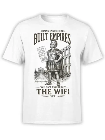 White T-shirt with a Roman warrior, aqueduct, and vintage WiFi engineering joke design