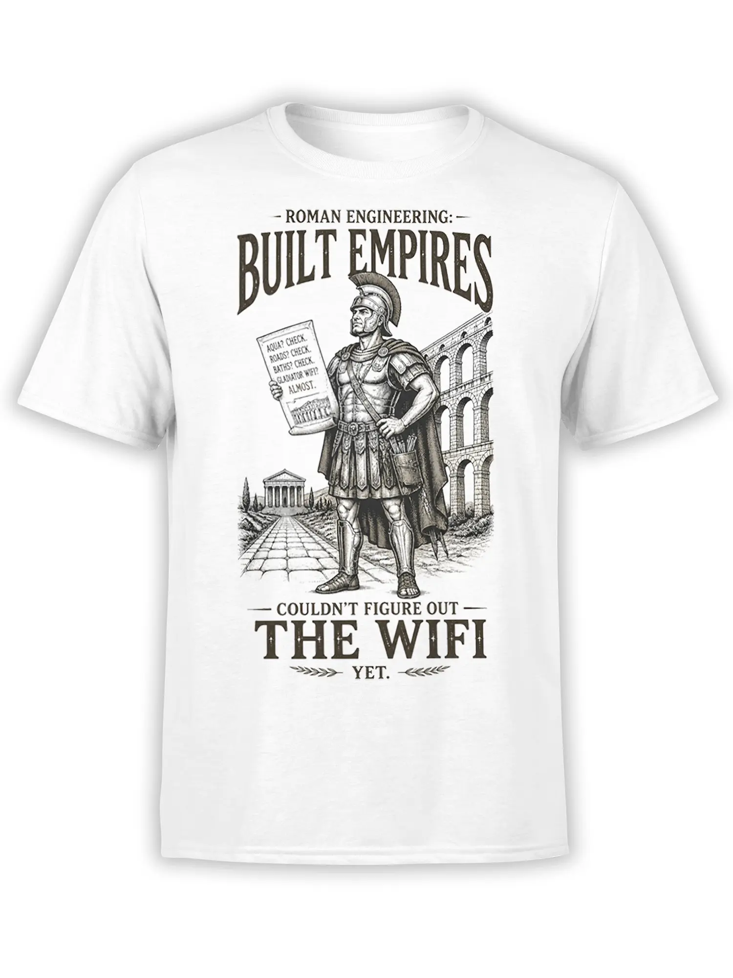 White T-shirt with a Roman warrior, aqueduct, and vintage WiFi engineering joke design