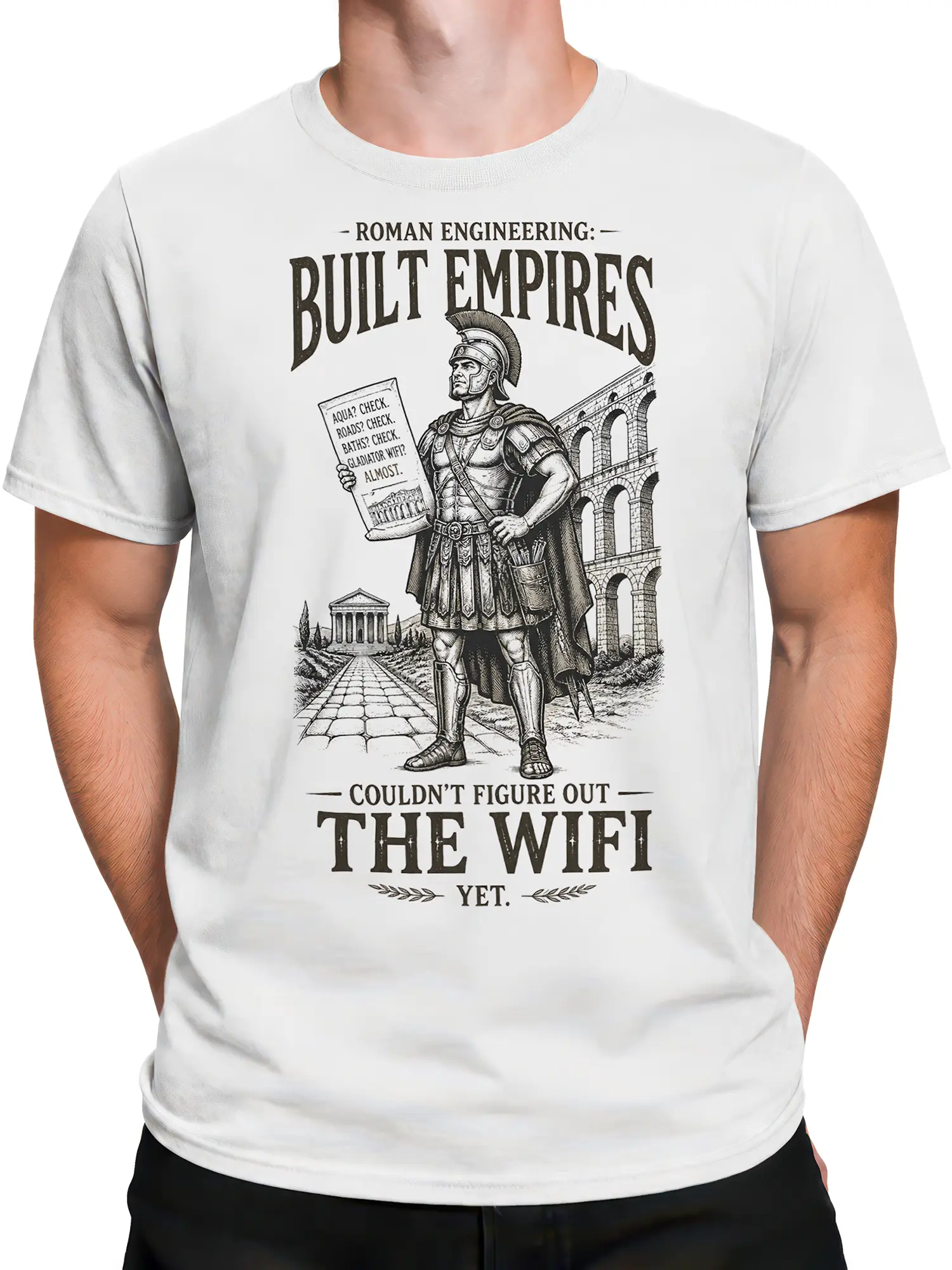 Male torso wearing a white Roman warrior T-shirt with aqueduct and WiFi humor