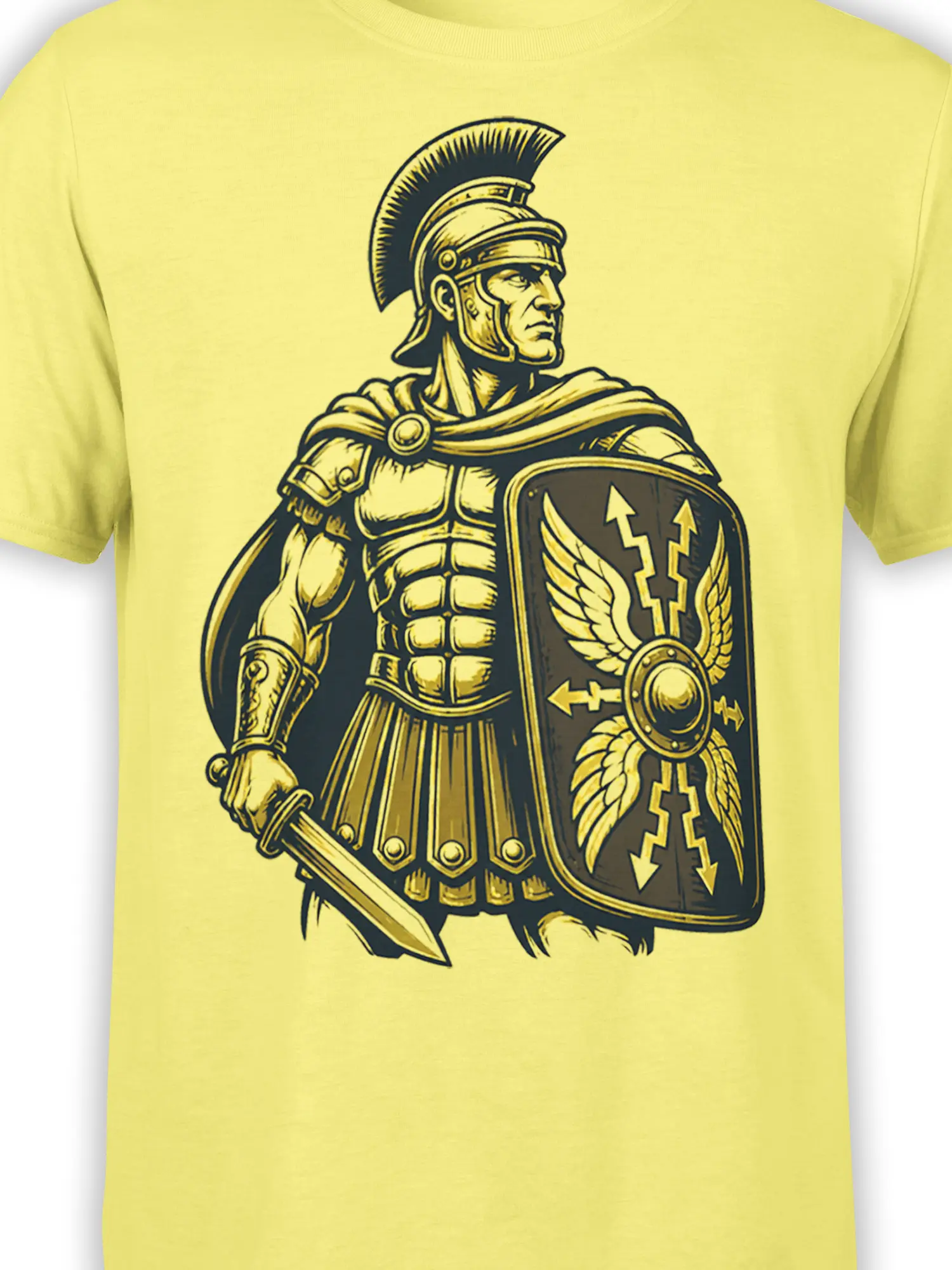 Close-up of Roman centurion armor, sword, helmet, and winged shield printed on a yellow T-shirt
