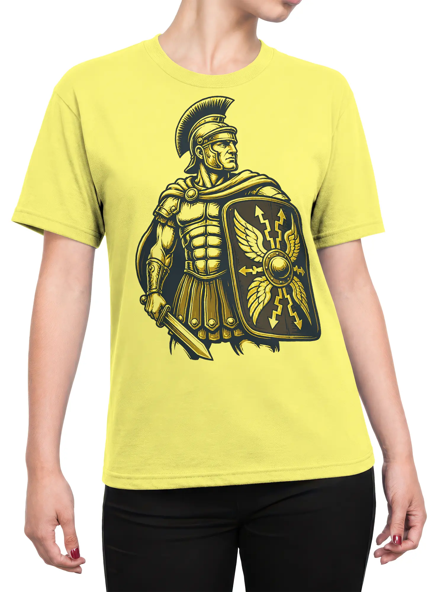 Female torso wearing a yellow T-shirt with a detailed Roman centurion, sword, and shield design