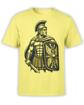 Roman centurion wearing armor and holding a sword and decorated shield on a yellow T-shirt