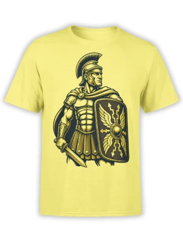 Roman centurion wearing armor and holding a sword and decorated shield on a yellow T-shirt