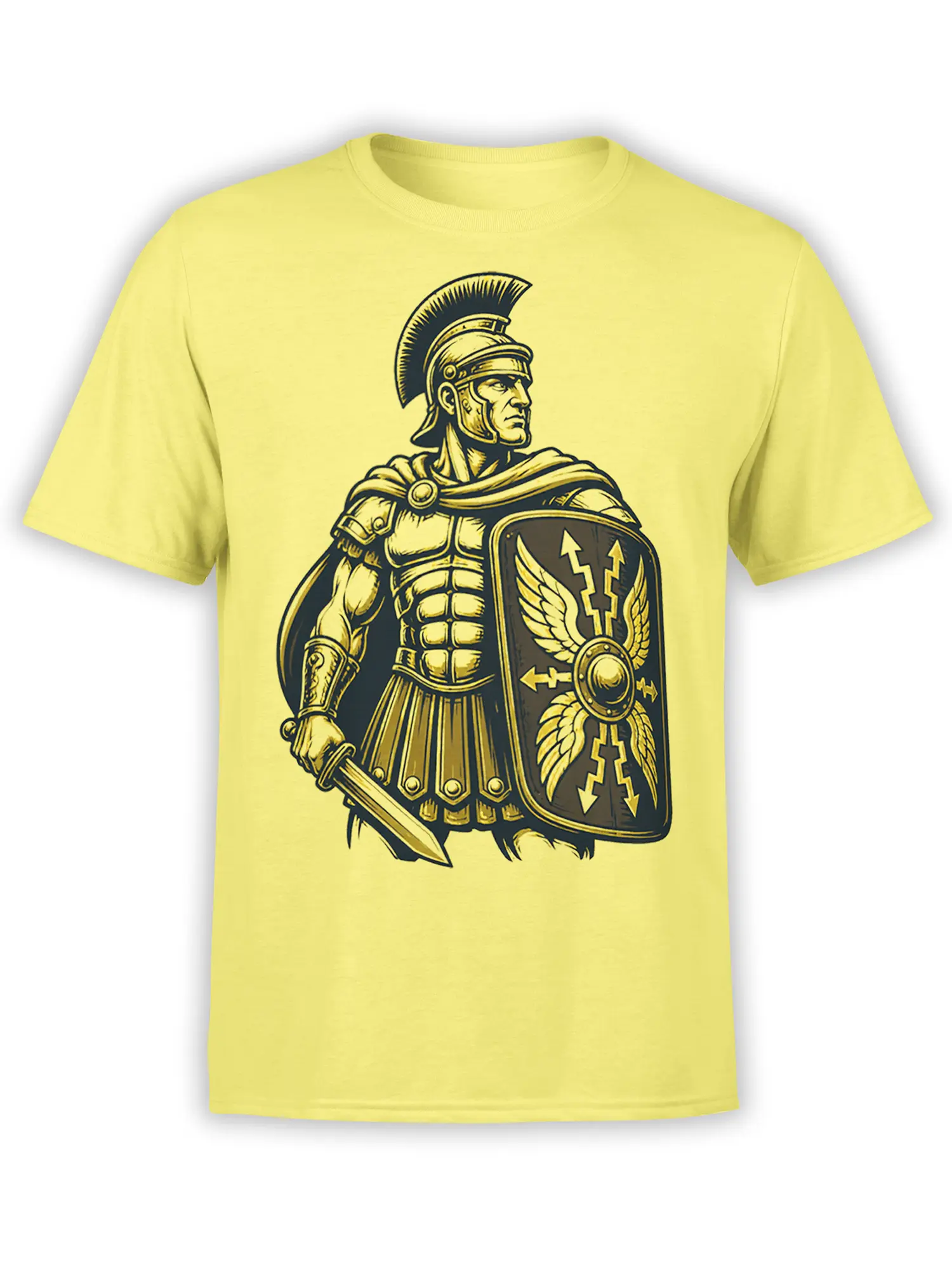 Roman centurion wearing armor and holding a sword and decorated shield on a yellow T-shirt