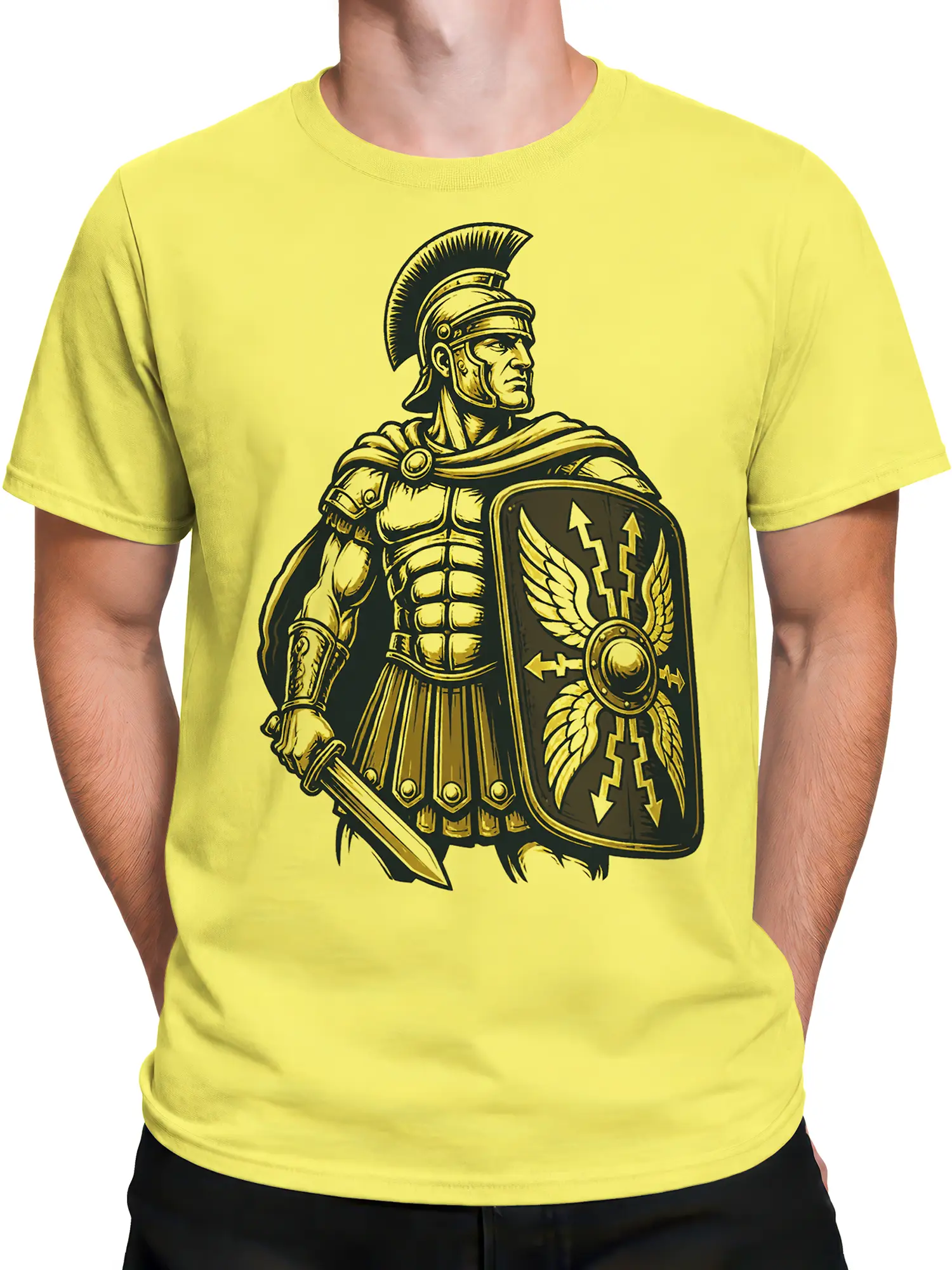 Male torso wearing a yellow T-shirt with Roman centurion armor, sword, and shield artwork