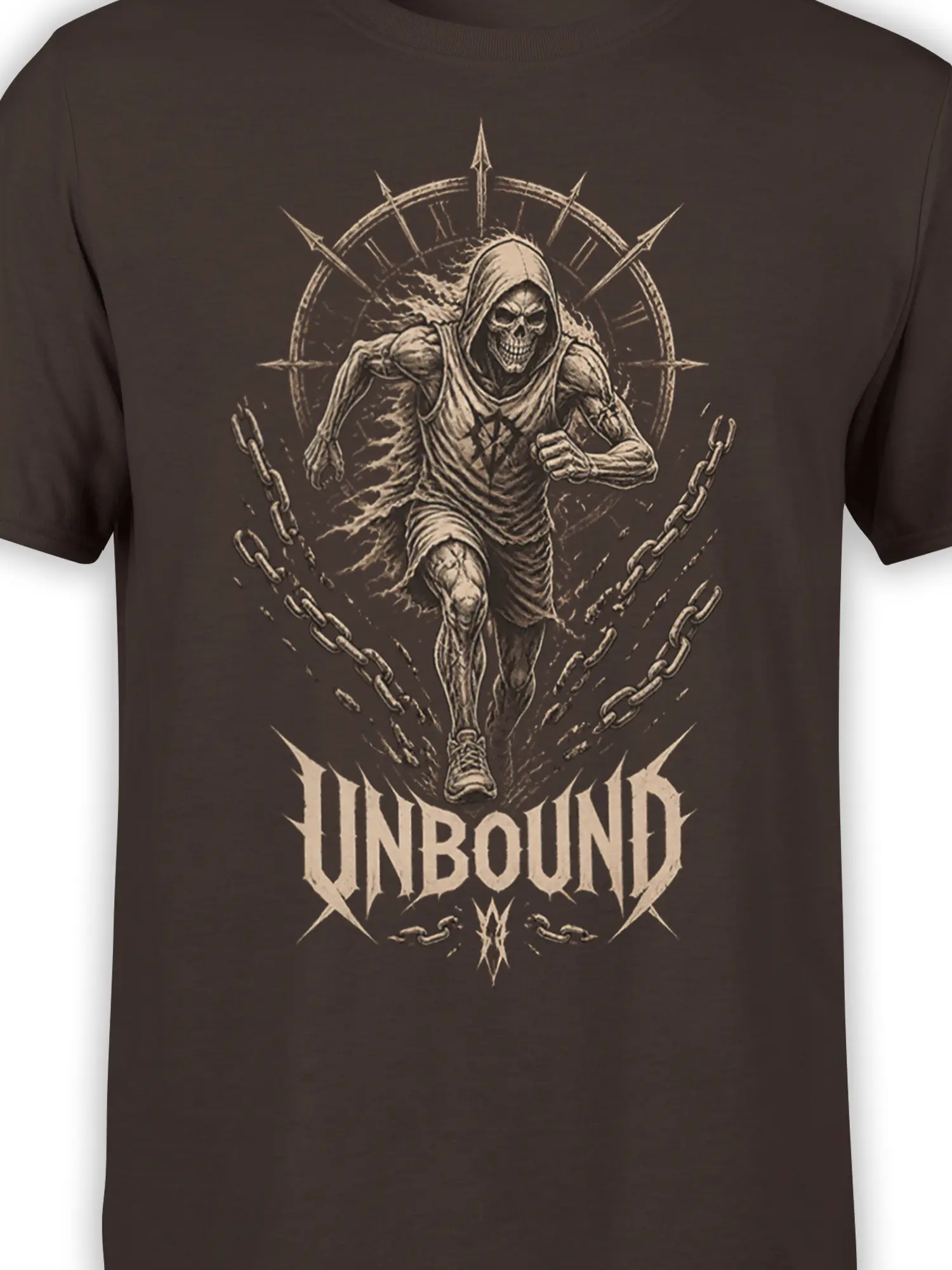 Close-up of grim reaper artwork with broken chains, clock details, and UNBOUND lettering on a brown shirt
