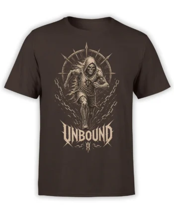 Brown T-shirt featuring a hooded grim reaper, broken chains, Roman numeral clock, and UNBOUND lettering